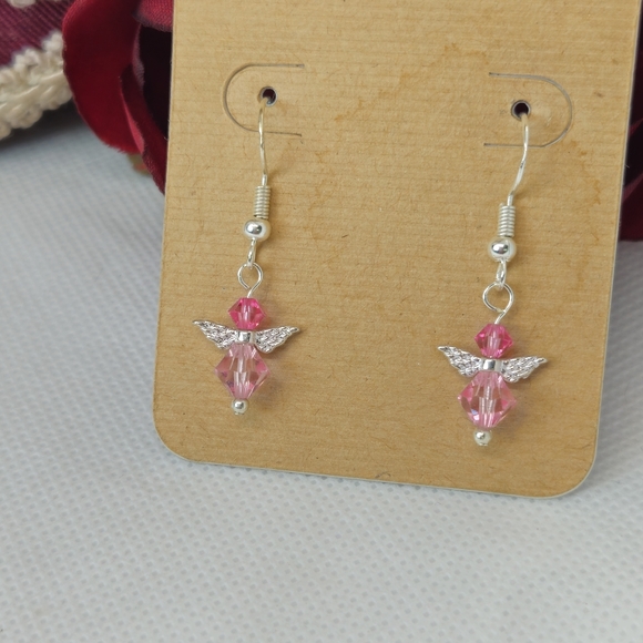 Handmade Pink AB Crystal Guardian Angel Sterling Silver Earrings Handmade by me! - Picture 2 of 14